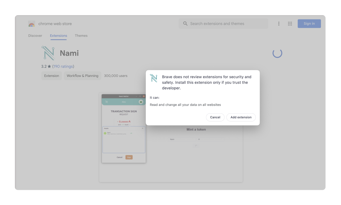 Nami extension pop-up on Chrome web store